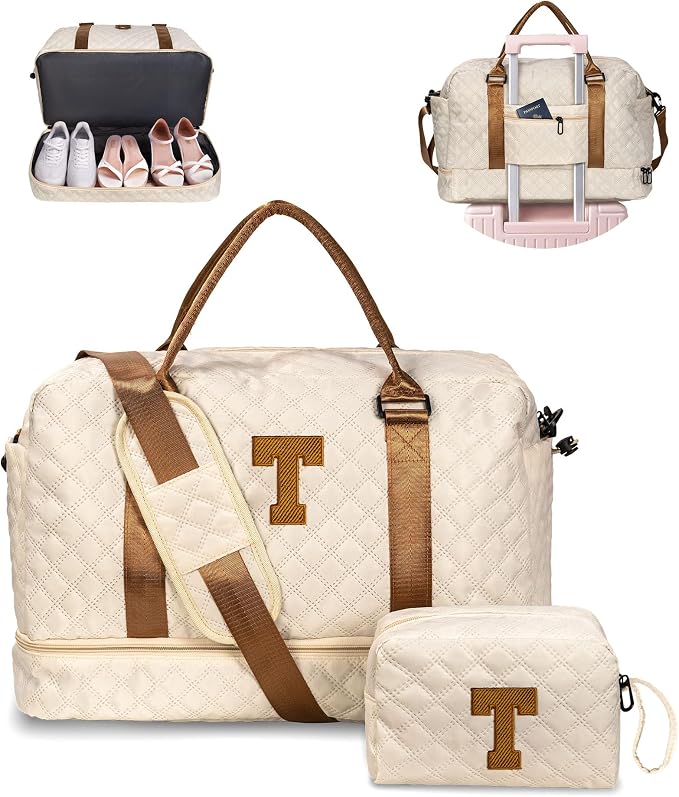 Beach Essentials 11 12 13 14 15 16 17 18 Year Old Girls Gifts-Initial Duffle Bag with Shoe Compartment, Personalized Weekender Bag, Travel Bag with Makeup Bag，Birthday Gift for Her (Letter T) by Vogewood
