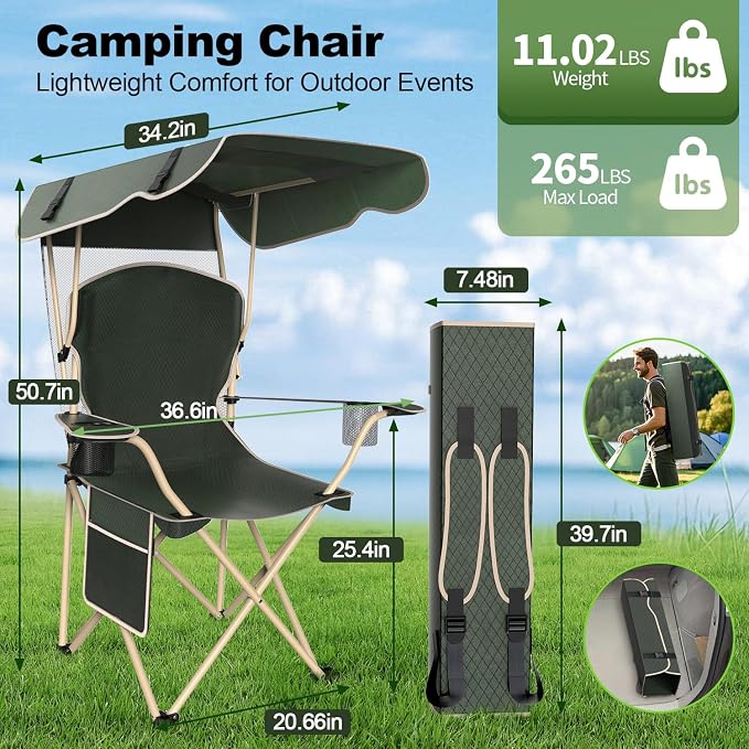 VTOY Portable Camping Chair with Canopy - Folding Chair with Canopy, Durable 600D Oxford Canopy Chair for Camping, Beach, Picnics, Fishing & Sports - Image 2