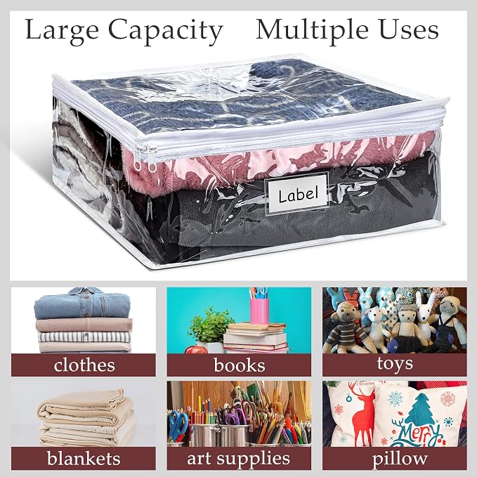 Hoolerry 6pcs Clear Zippered Storage Bag Plastic Individual Sweater Storage Bag with Zipper Label Closet Clothing Organizer for Blanket Clothes Bed Sheet Comforter Quilt Pillow(23.6 x 19.7 x 9.8 Inch) - Image 7