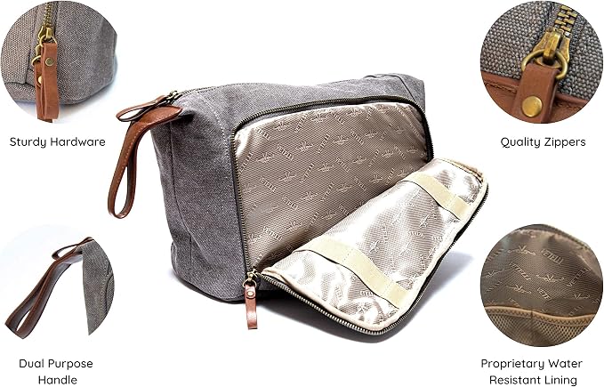 Vetelli Vintage Canvas Toiletry Bags, Travel In Style, Waterproof Canvas Dopp Kits, Durable (Messner) (Light Gray) - Image 5