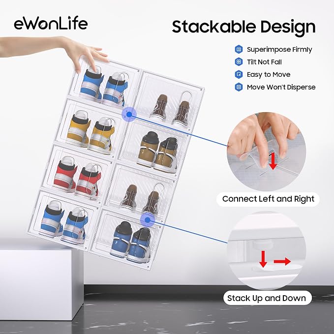 eWonLife Large Shoe Organizer Storage Box with Magnetic Door,12 Pack Clear Plastic Stackable Sneaker Containers for Closet, Connect Left and Right Shoe Box for Entryway, Drop Front, Under Bed (White) - Image 6