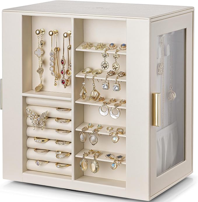 VLANDO 360ｰ Rotating Jewelry Box with 5 Drawers, Large Jewelry Storage with 2 Glass Window, PU Leather Jewelry Organizer for Bracelets, Necklaces, Earrings, Rings - Cloud White by VLANDO