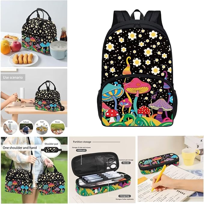 Black Fantastic Mushroom Backpack with Lunch Box and Pencil Case Girls Comfy Padded Cute School Backpack Set of 3 Bookbag for Student Lightweight Large Capacity Daypack - Image 4