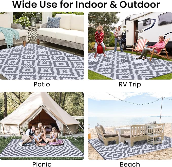 Smiry Waterproof Outdoor Rug 9x12 ft, Reversible Plastic Straw Patio Camping Rugs, Outdoor Indoor RV Mat Carpet for Patio, Outside Entry, Backyard, Deck, Bench, Picnic, Camper, White & Grey - Image 8