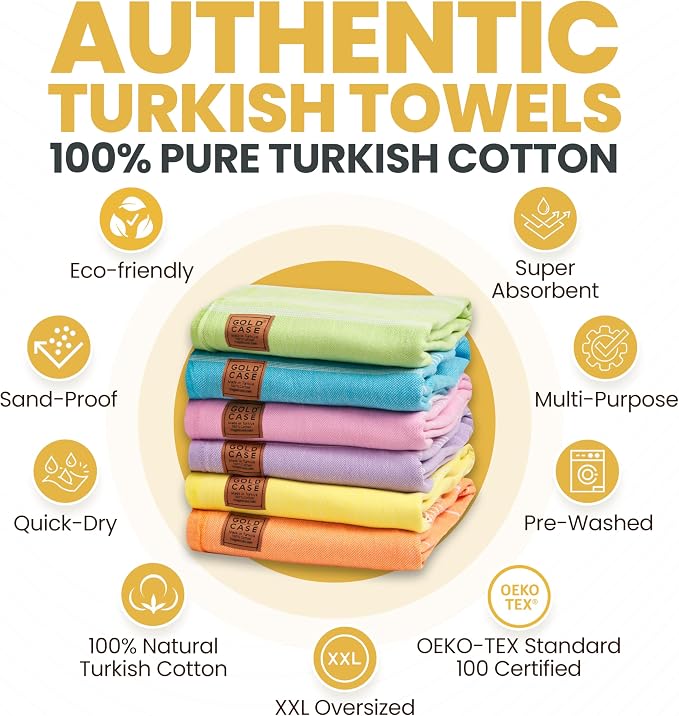 Gold CASE LYCIA Turkish Beach Towel Set of 6 – 100% Cotton Turkish Beach Towels Bulk 70 x 38'' – LYCIA Oversized, Quick Dry & Sand Free Beach Towel – Lightweight Towels Set in Multi Color Tones - Image 4