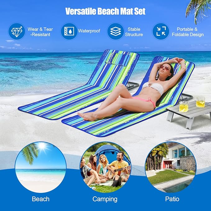 GYMAX Beach Chairs, Folding Tanning Lounge Chairs with Table Set, Adjustable Patio Floor Chair, Outdoor Sunbath Chair with Desk, Pillow & Storage Bag for Outside, Patio, Poolside (Blue Stripe) - Image 9