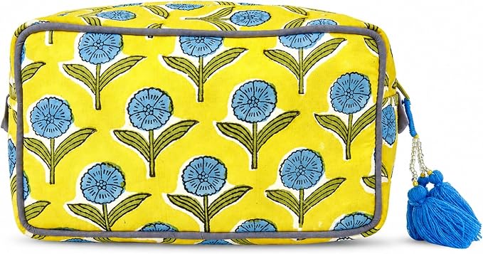 Travel Makeup Bag- Large Capacity Cosmetic Bags for Women - Water Resistance Lining Portable Pouch & Open Toiletry Bag - Perfect Girls Makeup Organizer for Travel Essentials (Blue & Yellow Floral) by Huar