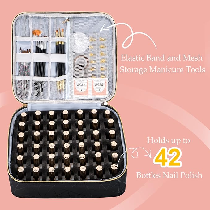 Uross Nail Polish Organizer Bag Holds 42 Bottles Nail Polish & Nail Lamp, Gel Nail Polish Organizers and Storage box for Nail Tech, Nail Kit Supplies Organizer Case - Black - Image 2