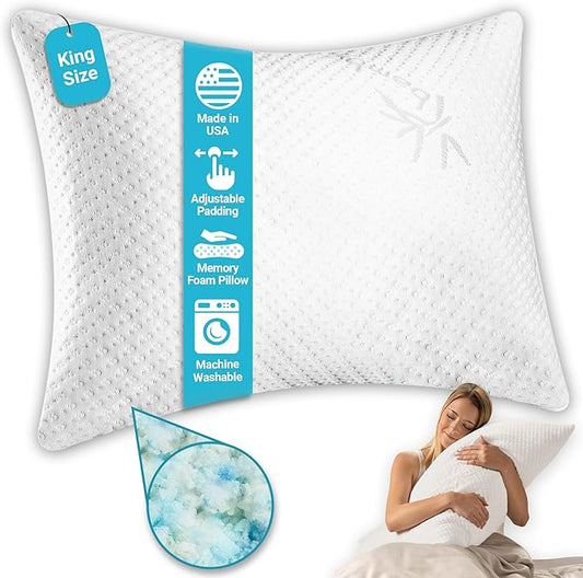 Xtreme Comforts Pillows for Sleeping - GreenGuard Gold Certified Adjustable King Memory Foam Pillow for Side, Back & Stomach Sleepers w/ Removable Cooling Zipper Cover - Made in The USA