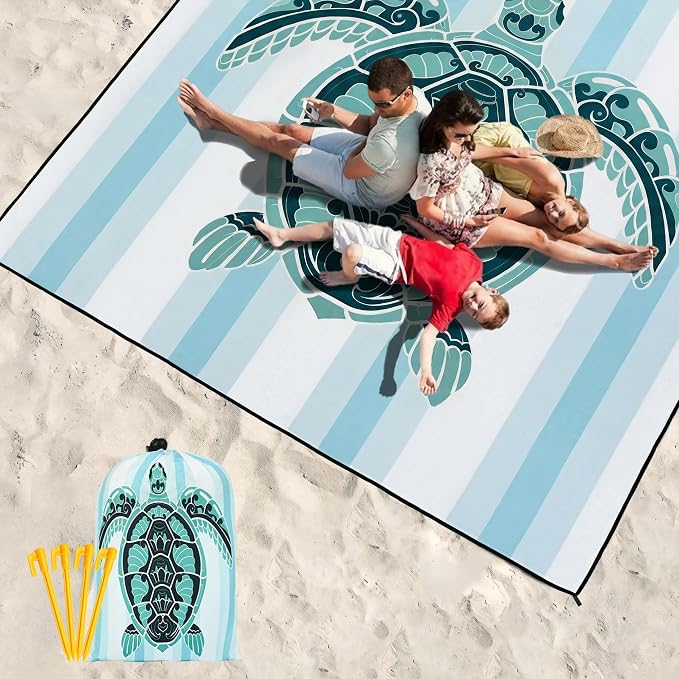 HIHOHO Beach Blanket Waterproof Sandproof Beach Mat 79”x 83” for 1-8 Adults Quick Drying Durable Outdoor Picnic Mat for Beach Festival Travel Camping Hiking (GN-Stripes Seaturtle, 79"×83"(4 Person)) - Image 6