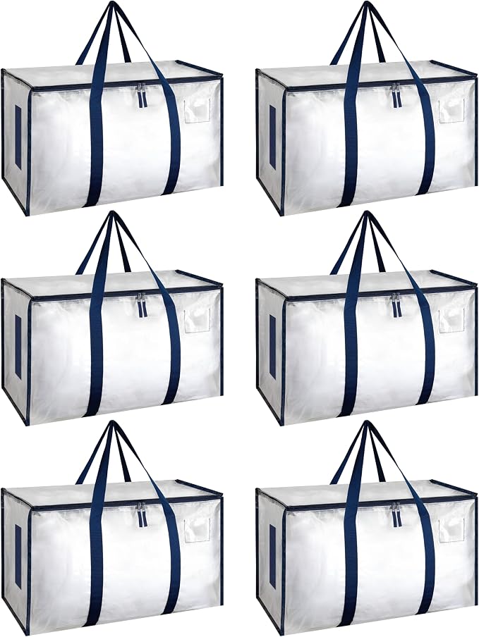 HealSmart 6 Pack Large Moving Bags with Zippers & Handles, Moving Supplies with lids, Heavy Duty Totes for Space Saving, Fold Flat, Moving and Storing, Clear by HealSmart