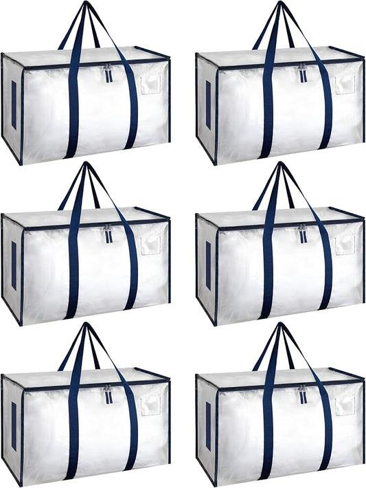 HealSmart 6 Pack Large Moving Bags with Zippers & Handles, Moving Supplies with lids, Heavy Duty Totes for Space Saving, Fold Flat, Moving and Storing, Clear by HealSmart