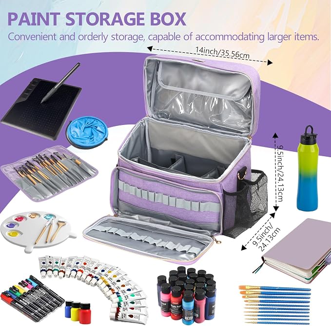 Art Supplies Organizer Storage Bag with Detachable Paint Brush Holder & Partition - Carrying Case for Home/Travel/Outdoor Fits Marks, Acrylic Paint, Palettes, Folding Buckets, Portfolios (Pro Purple) - Image 5