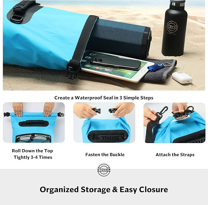STOVER 5/10/25/30/40L Waterproof Dry Backpack & Phone Case- Large Floating Dry Bag for Kayaking, Travel, Hiking, Fishing, Camping, Motorcycles & Beach, Heavy-Duty Roll Top Men/Women (Blue) - Image 5