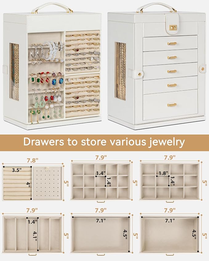 AKOZLIN 6-Tier Jewelry Box Organizer Functional 5 Drawers Leather Jewelry Storage Case for Women Girls Ring Necklace Earring Bracelet Holder Organizer with Mirror XL White 360° Rotating - Image 3