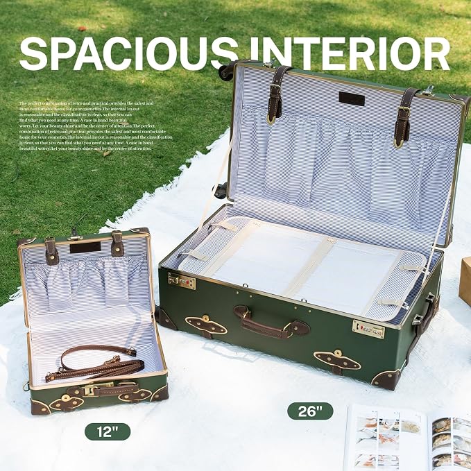 urecity Vintage Suitcase Set for Women, Vintage Luggage Sets for Women 2 Piece, Cute Designer Trunk Luggage, Retro Suit Case, Luggage Zipperless TSA Approved, Army Green, 20"+12" - Image 3