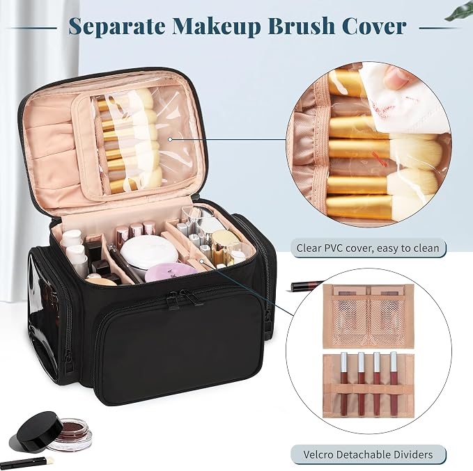 Bagmoly Makeup Bag, Portable Large Travel Makeup Bag Organizer for Women Girls with Makeup Brush Compartment, Cosmetic Travel Bag Vertical Storage Toiletry Bag - Black with Shoulder Strap - Image 6