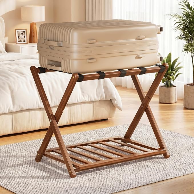 Fully Assembled Luggage Rack for Guest Room, Bamboo Suitcase Stand with Foldable Storage Shelf, Crossed Nylon Straps Folding Luggage Holder for Bedroom and Hotel, Walnut by Alifewithtasteandstyle