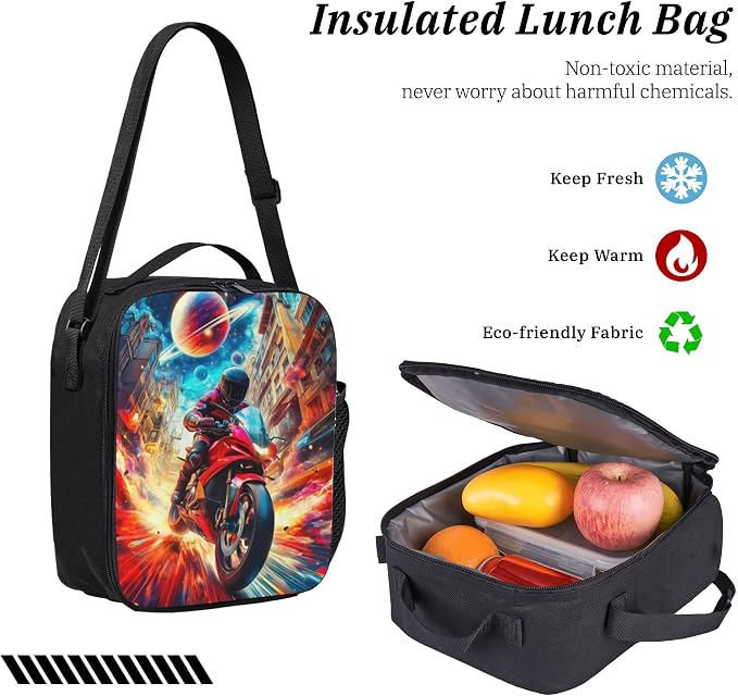Motorcycle Kid Backpack Set with Lunch Bag & Pencil Case Large Capacity School Bag 17 Inch Bookbag for Boy Girl - Image 6