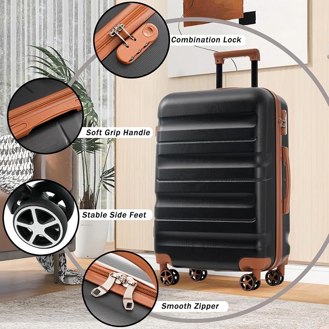 Black Brown 6 Piece Luggage Set Hard Shell - Expandable Suitcases with Spinner Wheels and Small Cases for Family Travel, Durable Carry On Luggage Sets with Lock for Women and Men - Image 4