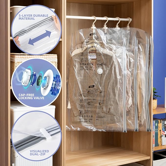 Hanging Vacuum Storage Bags, 4 Pack Short Size 41.3 x27.6 inch, Vacuum Seal Bags for Clothing, Space Saver Garment for Short Clothes, Coats, Suits, Dresses, Closet Oragnization and Storage - Image 3