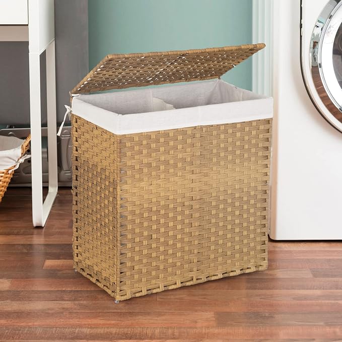 Paylesshere Laundry Basket Handwoven Laundry Hamper 90L/110L Foldable Rattan Laundry Hamper With Lid,2 Removable Liner Bags & 6 Bags,Clothes Bathroom Basket,Natural - Image 2