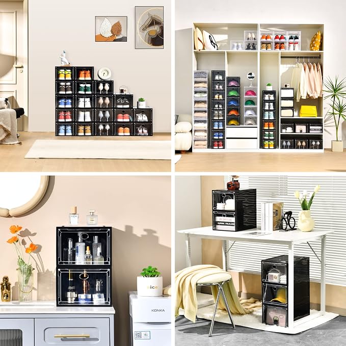 Amllas 12 Pack Shoe Boxes Stackable,Upgraded Sturdy Shoe Storage Boxes with Clear Magnetic Door,Multifunctional Sneaker Storage, Shoe Box Organizer Fit up to US Size 12 Gray(13.8”x 9.84”x 7.1”) - Image 7
