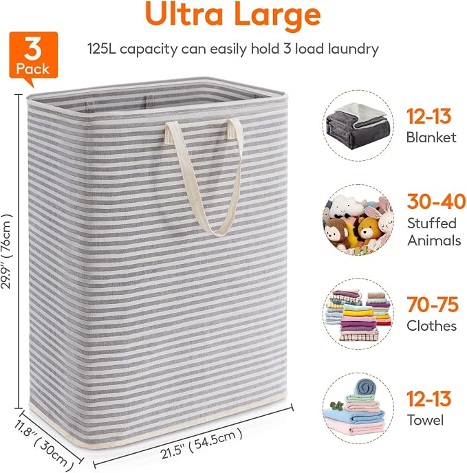 Lifewit 3 Pack Laundry Basket 125L Each, Collapsible Clothes Hamper with Reinforced Handles, Freestanding Waterproof Design for Bedroom and Laundry Room, Grey 375L Total - Image 4
