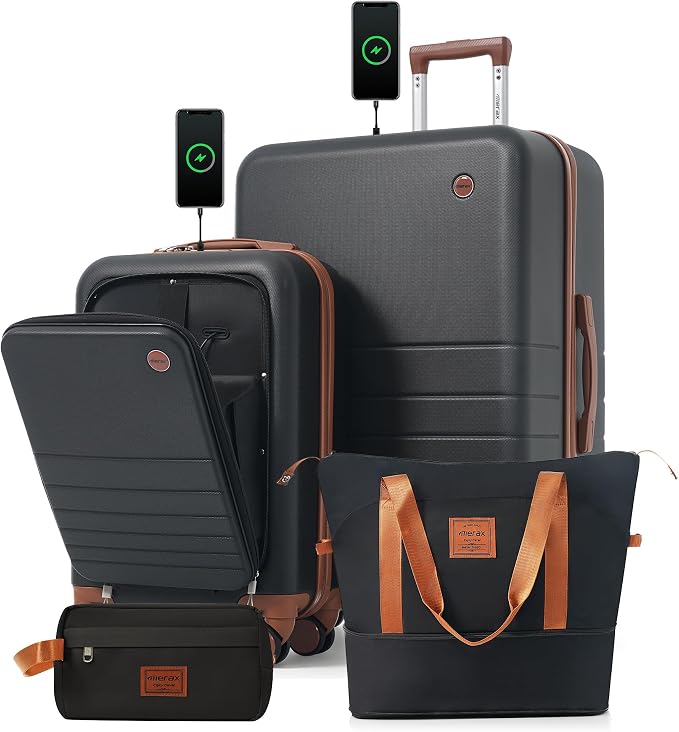 4-Piece Luggage Set, Suitcase with TSA Lock Travel Duffel Bag Wet-Dry Toiletry Bag, Black Front-Opening by Merax