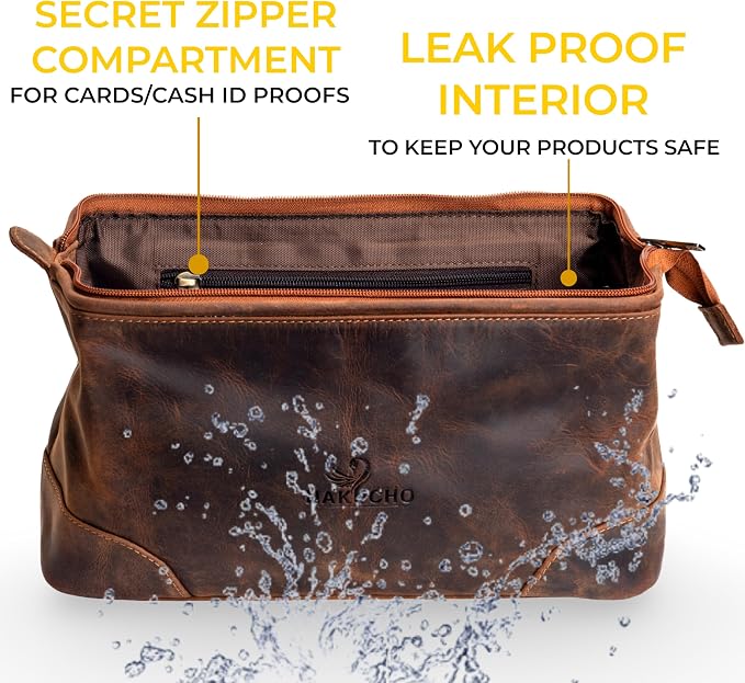 Genuine Leather Toiletry Bag for Travel, Gym, and Daily Use, Grooming Travel Kit, Large Shaving Bag with Waterproof Lining Gift for Men & Women (Tan Brown) - Image 6