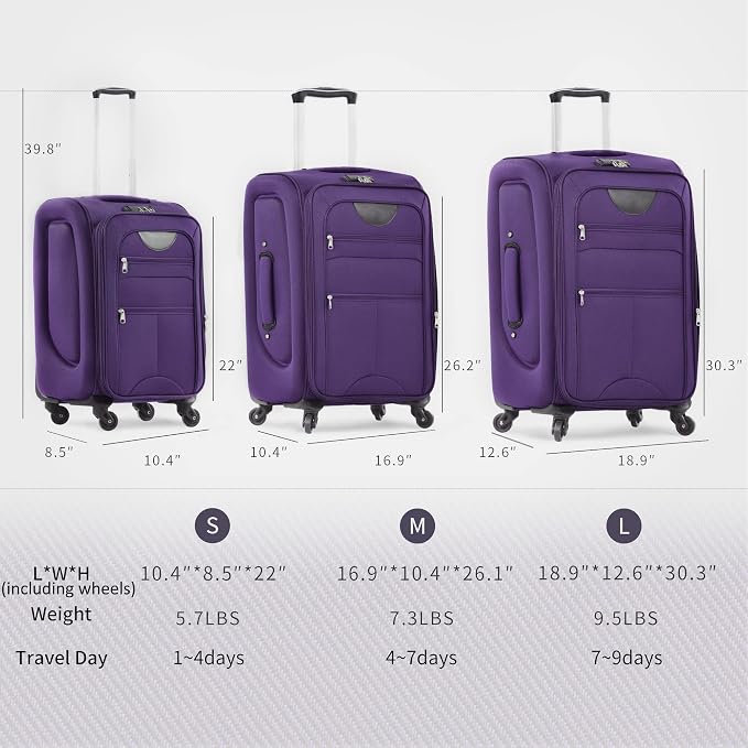 Merax Softside Luggage Set Softshell Lightweight 3 Piece Spinner Suitcase | Travel Suitase with TSA Lock Spinner Wheels Lightweight Upright Luggage,Purple - Image 7