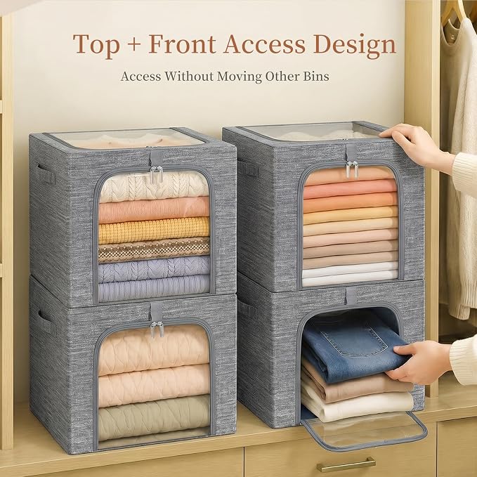 GoMaihe Clothes Storage Bin with Metal Frame: 6-Pack Stackable Closet Storage Bin with Lid & Clear Window, Sweater Boxes Storage for Closet Bedding Clothing Storage Organizer 40L - Image 5