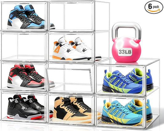 6 Pack Clear Acrylic Shoe Storage Boxes Stackable,Size 14 Large Sneaker Storage Organizer Bins with Magnetic Door,Plastic Shoe Containers for Closet,Fits High Top Sneakers for Men Women up to Size 13 by EDSFAM