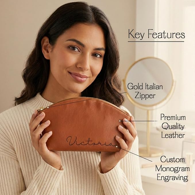 Personalized Makeup Bag • Genuine Leather Custom Cosmetic Bag • Mini Bag for Purse • Leather Make Up Pouch • Custom Toiletry Bag • Customized Bag with Name or Initials • Makeup Accessories for Women - Image 7