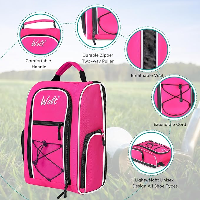 Wolt Golf Shoe Bag - Sports & Travel Shoes Carrier Bags with Ventilation & Double Outside Accessory Pocket for Socks, Tees, Golf Balls, Etc. for Women and Men (Pink) - Image 3