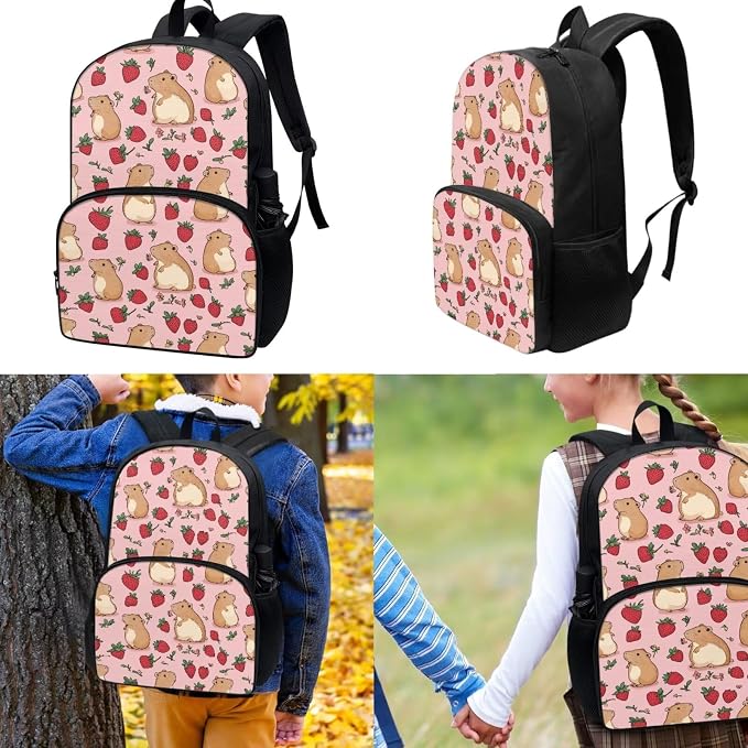 Capybara Backpack with Lunch Box Cute Strawberry Backpack for School Girls 2nd Grade and Lunchbox Pencil Case Large Capacity Kids School Bag Lunch Bag Set, 3-in-1 - Image 3