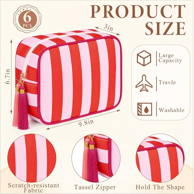 Kacctyen 6 Pack Tomato Red and Light Pink Striped Makeup Bag bulk with Tassel Travel Cosmetic Pouch Organizer Large Zipper Toiletry Case for Women Aesthetic Storage Pouch Mahjong Tile Bag - Image 2