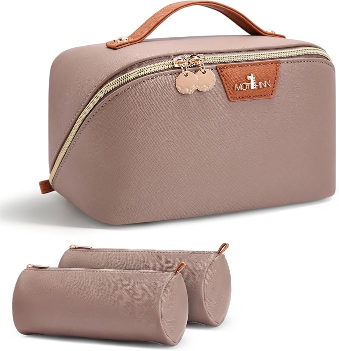 Travel Makeup Bag for Women: 3-in-1 Large Capacity Cosmetics Organizer with 2 Detachable Pouch - Vegan Leather Flat Open Toiletry Bag - Portable Travel Essentials for Full-Sized Bottles(Grey) by Unknown
