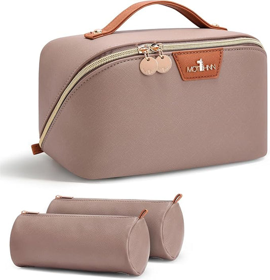 Travel Makeup Bag for Women: 3-in-1 Large Capacity Cosmetics Organizer with 2 Detachable Pouch - Vegan Leather Flat Open Toiletry Bag - Portable Travel Essentials for Full-Sized Bottles(Grey) by Unknown