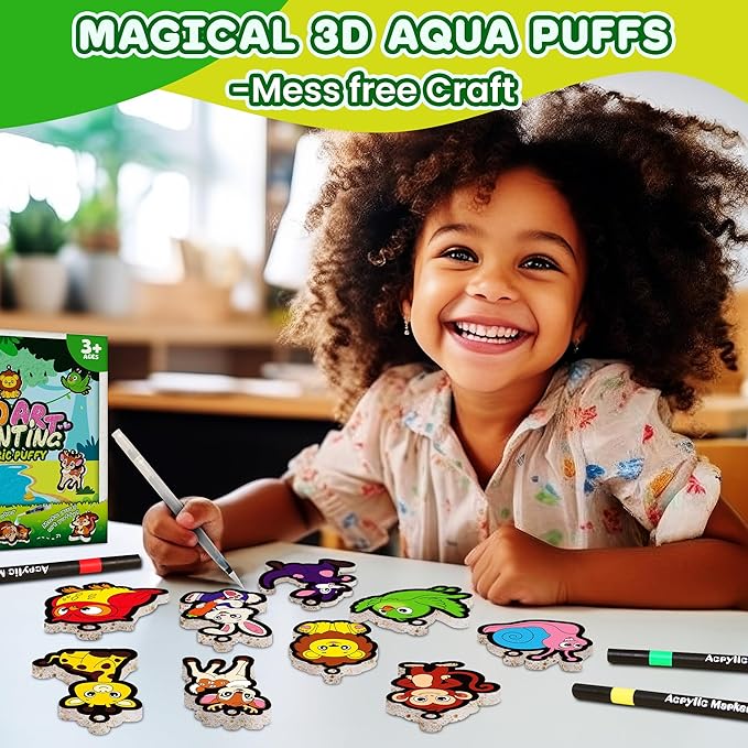 Z1ZZ Aqua Puffs 3D Art-Craft Kit -Aqua Art Magic Paint Set, Mess-Free Water Painting for Kids Age 4 5 6 7 8 9 Boys Girls DlY Color Activity Creative Gift forClass Christmas Birthday Games