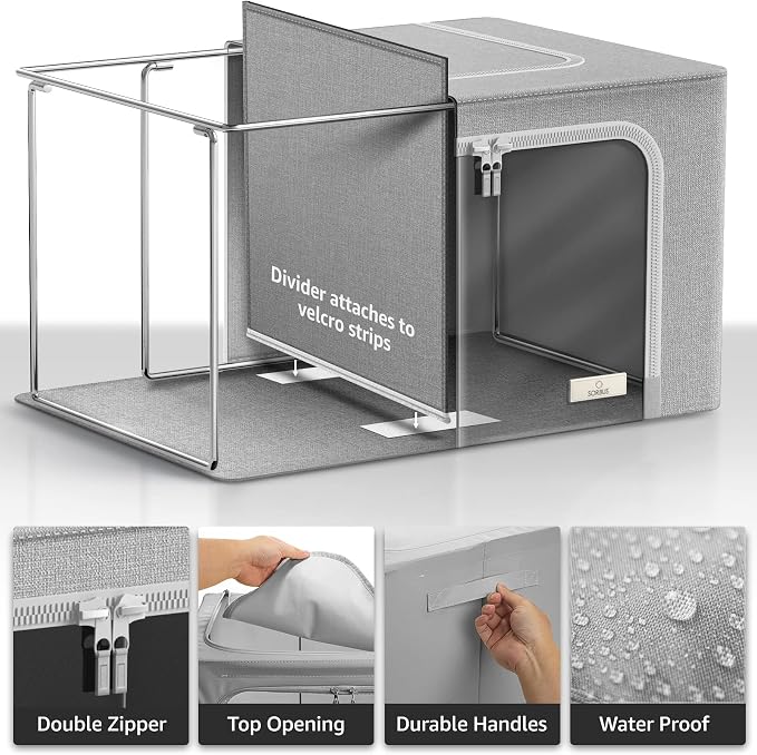 Sorbus Storage Bins with Divided Interior - Large Stackable & Foldable Organizer Containers with Metal Frame, Oxford Fabric, Large Window & Carry Handles - Organization for Bedroom, Linens & Clothes - Image 3
