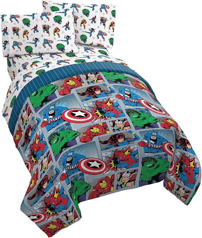 Marvel Comics Iron Man Twin Comforter Set 4 Piece Kids Bedding, Multi | Hulk Captain America, Bed in a Bag, Comforter Sheets Pillowcase, Soft Microfiber, Machine Washable, Boys Gift by JayFranco
