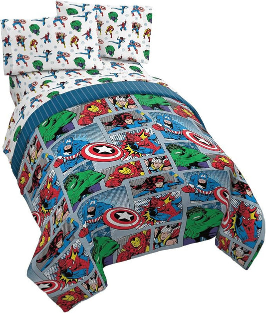 Marvel Comics Iron Man Twin Comforter Set 4 Piece Kids Bedding, Multi | Hulk Captain America, Bed in a Bag, Comforter Sheets Pillowcase, Soft Microfiber, Machine Washable, Boys Gift by JayFranco