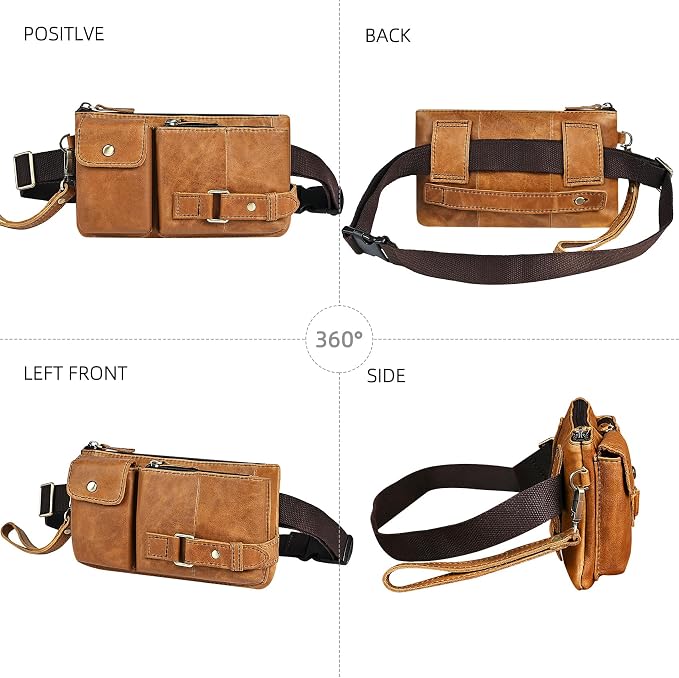Water Resistant Canvas + Leather Hiking Riding Travel Fanny Waist Pack Small Phone Pouch For Men Women FB811-29 (100% Leather-The 8135 Light Brown) - Image 4