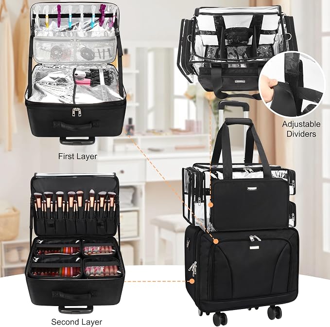 MONSTINA Rolling Makeup Train Caseon Wheels, Clear Makeup Bag Extra Large Makeup Artist Kit Set Cosmetology Case Professional Cosmetics Hairstylist Cosmetic Bag with 4 Bags (Black+Clear Makeup bag) - Image 3