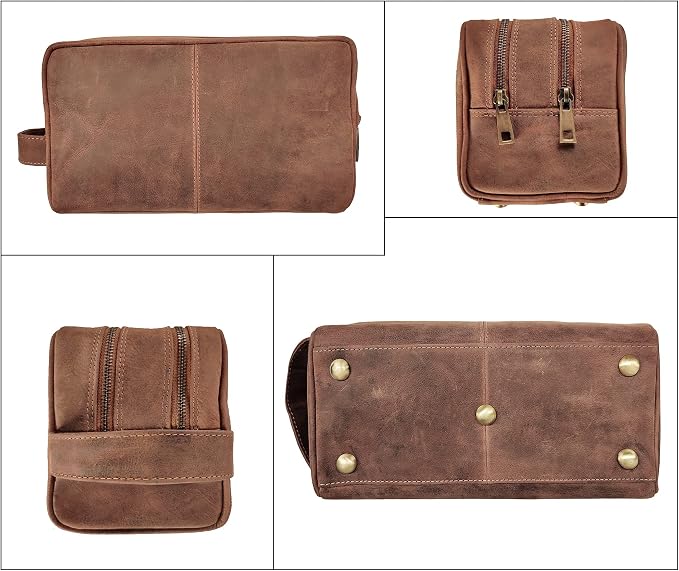 RUSTIC TOWN Full Grain Leather Travel Toiletry Bag - Cosmetic Makeup Kit Organizer (Brown) - Image 6