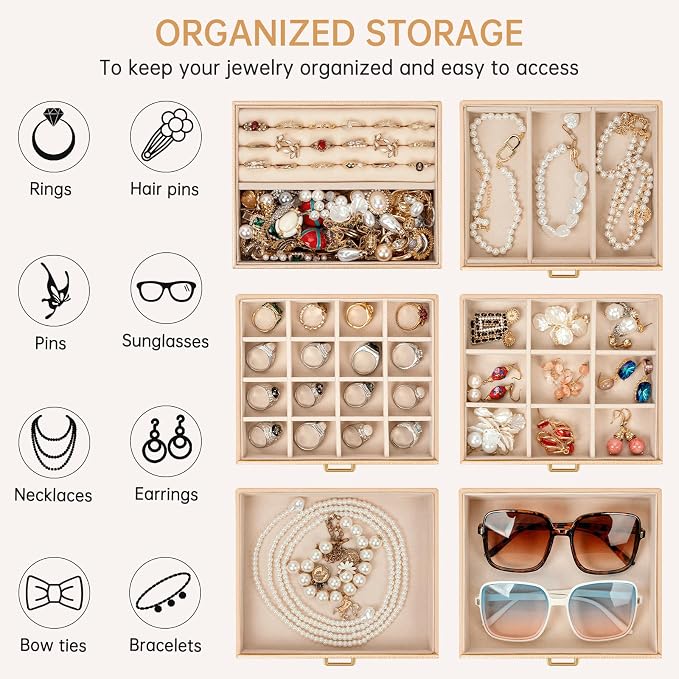 AKOZLIN 6-Tier Jewelry Box Organizer Functional 5 Drawers Leather Jewelry Storage Case for Women Girls Ring Necklace Earring Bracelet Holder Organizer with Mirror Medium Champagne - Image 3