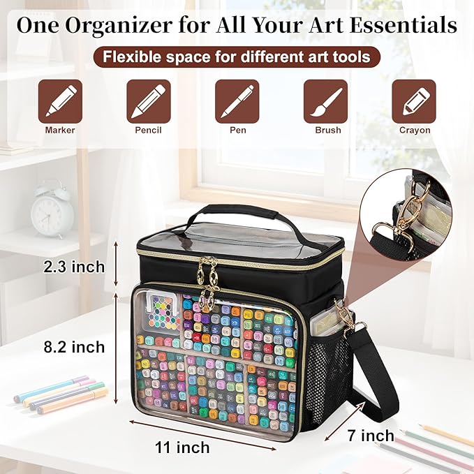 Large Marker Organizer Case for 200-300 Markers, Double-Layer Marker Bag with Removable Dividers, Marker Organizer for Markers, Pencils, Crayons or Other Art Supplies, Black (Bag Only) - Image 3