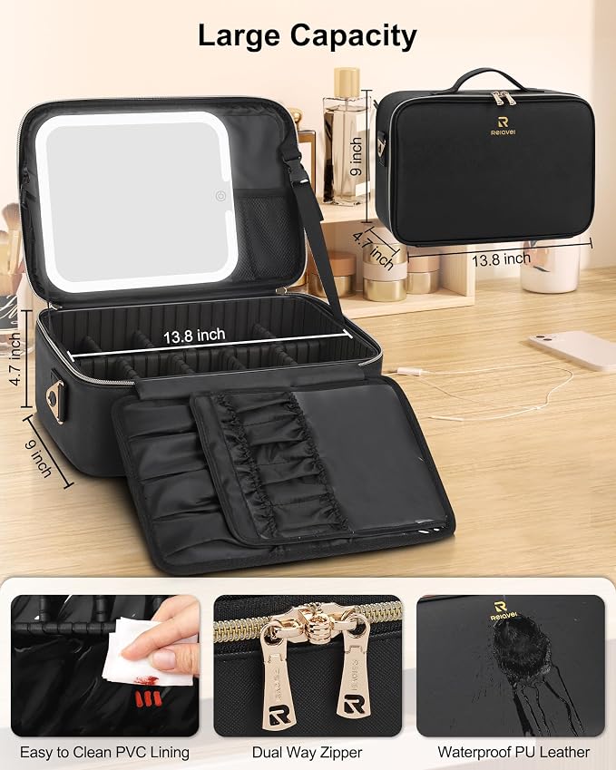 Chomeiu Makeup Bag with LED Mirror, Large Travel Cosmetic Train Case for Women, Makeup Artists Large Organizer Box with Vanity Light Up Mirror, 3 Color Lights, Adjustable Dividers (Black) - Image 5