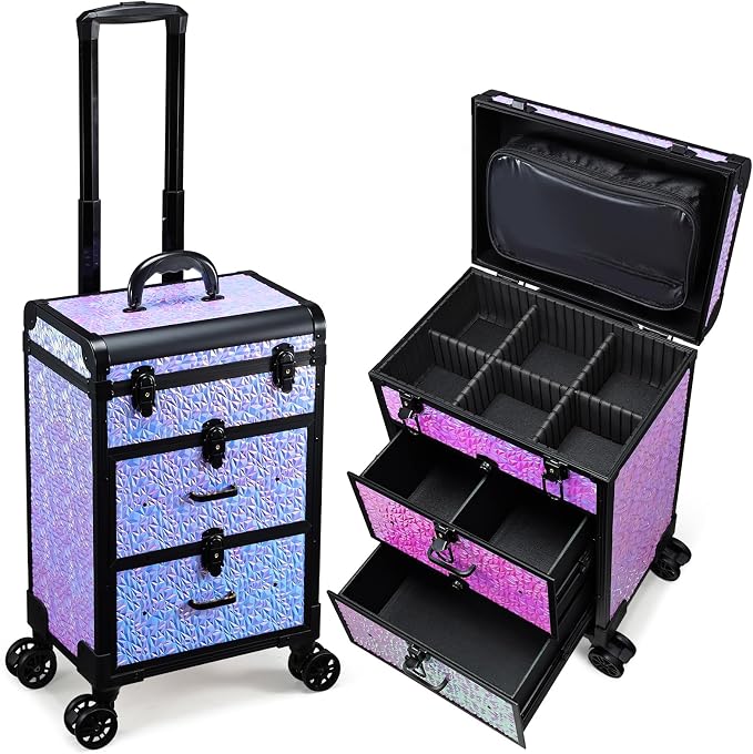 Professional Rolling Makeup Train Case with Drawers, Large Cosmetic Trolley with Locks, Cosmetics Storage Organizer Make up Case for Travel Makeup/Nail Art/Hair Styling, Shiny Pink by AdazzoRollingMakeupCase